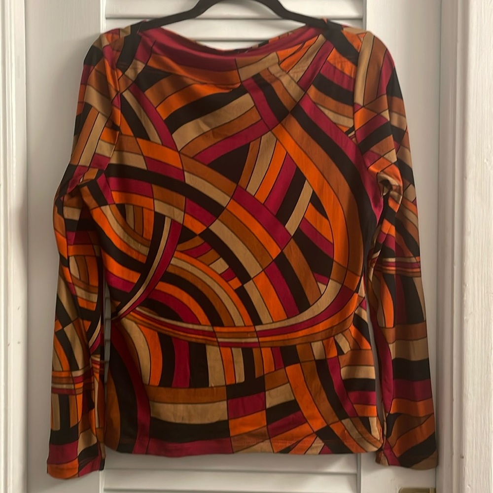 Mesh MCM Print Blouse; Lined Body, Unlined Long Sleeves. M/L 18” Pit to Pit